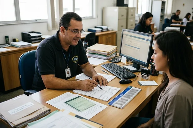 Profissional orientando cliente sobre emplacamento de veículos em Macaé.