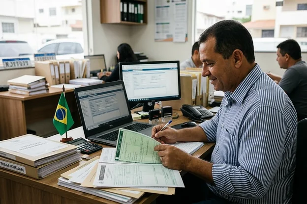 Profissional revisando documentos para licenciamento de veículo em Macaé.